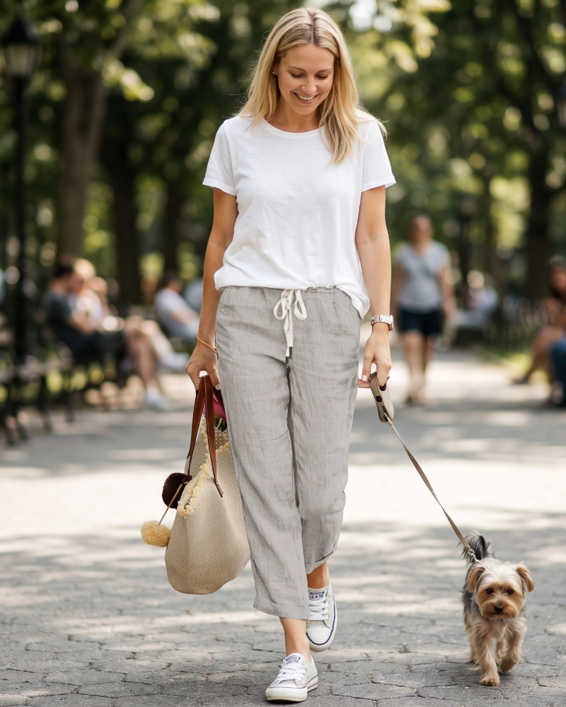 Mia Pantalón Mujer de Lino – Pantalón 7/8 con Cordón y Bolsillos