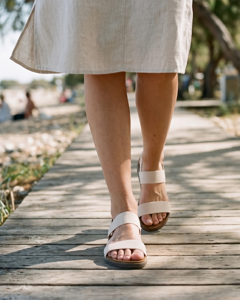 Emma flade damesandaler – sommersandaler med elastisk ankelrem