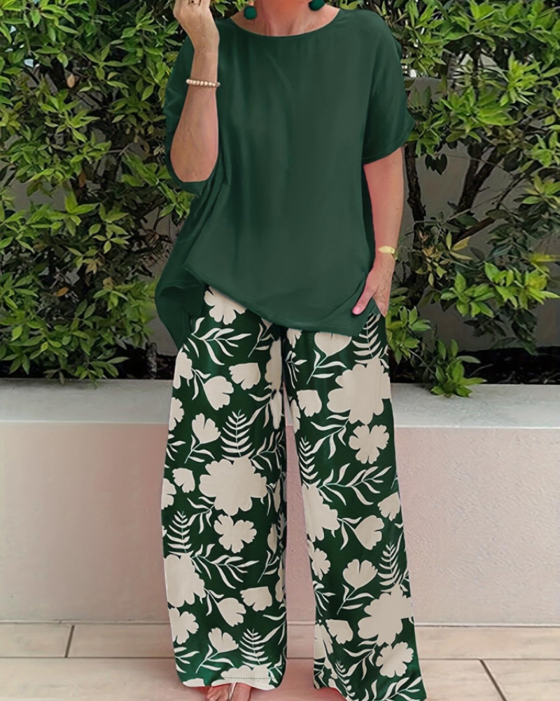 Madison Damen Ensemble 2-teilig – Blumiges Oberteil & Elegante Weite Sommerhose