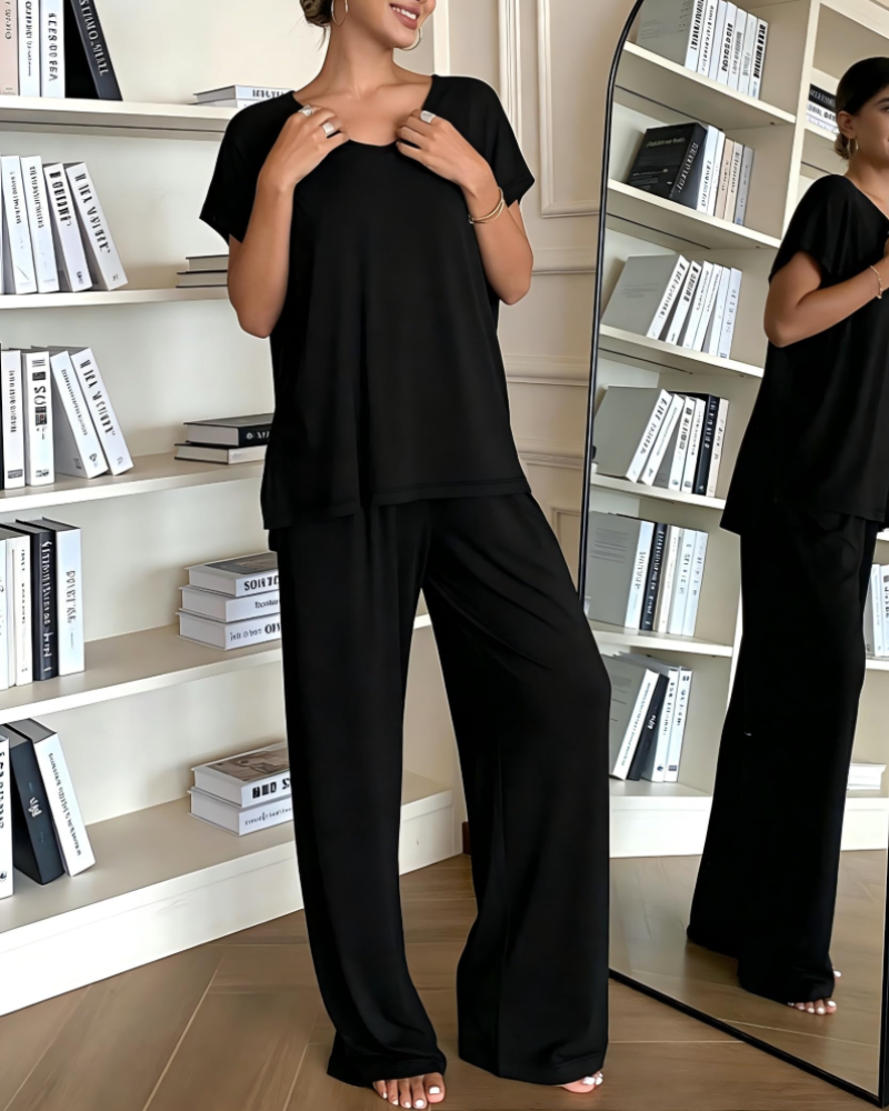 Gail Ensemble Détente Femme 2 Pièces – Haut Col V & Pantalon Large