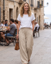Calças Palazzo Audrey para Mulher – Calças Largas de Algodão e Linho com Cintura Alta e Bolsos