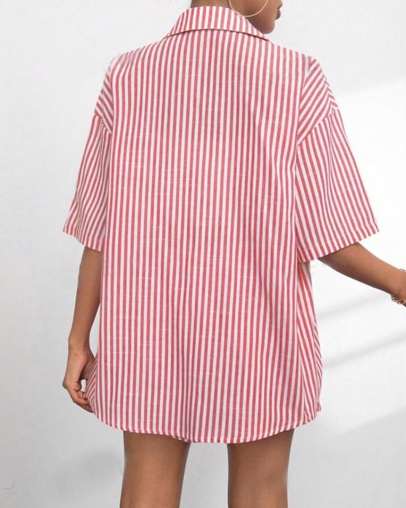 Conjunto Feminino Goldie 2 Peças – Camisa às Riscas com Gola de Lapela & Calção de Verão