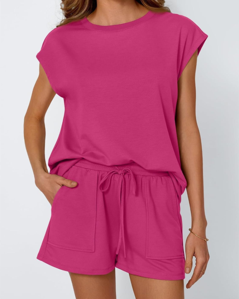 Floravie Women's Relaxation Set 2 Pieces – Short Sleeve Top & Drawstring Shorts