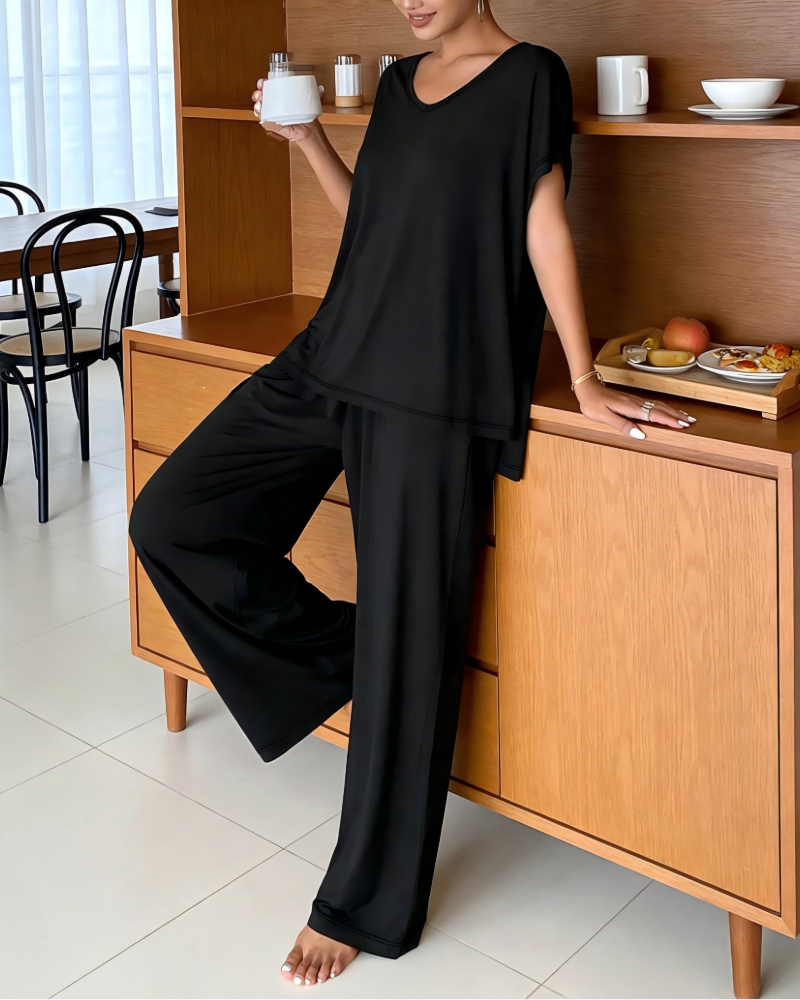 Gail Ensemble Détente Femme 2 Pièces – Haut Col V & Pantalon Large