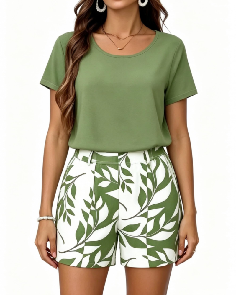 Fayrina Ensemble Femme 2 Pièces – Haut Col Rond & Short Imprimé Feuilles