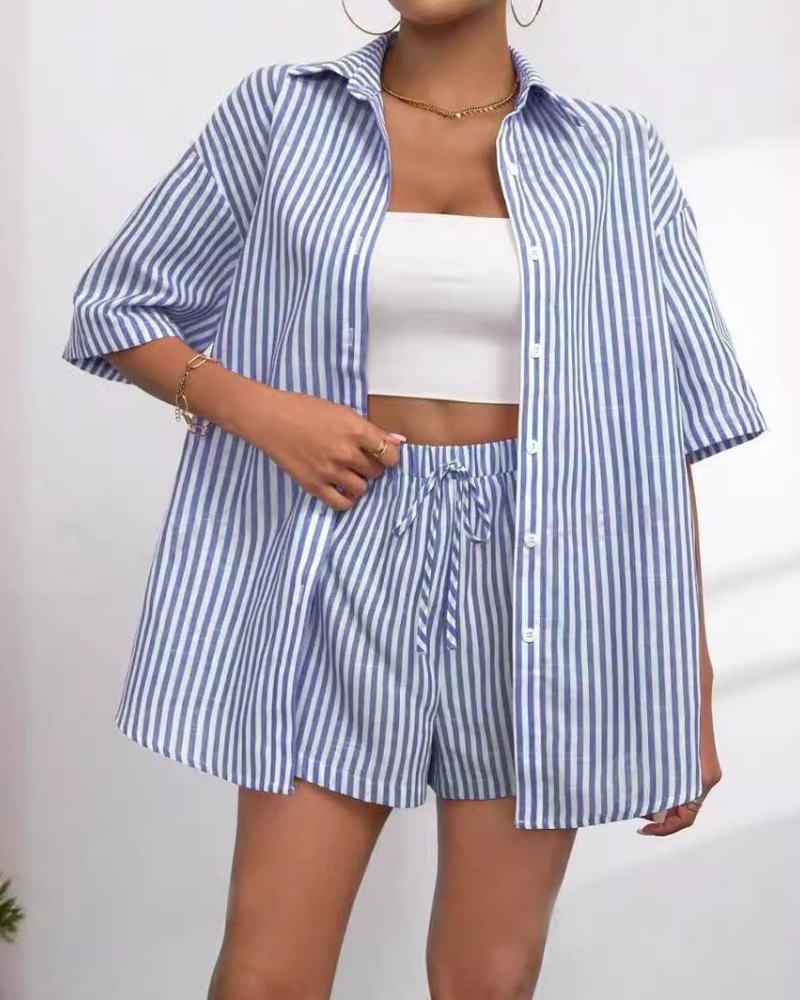 Conjunto Feminino Goldie 2 Peças – Camisa às Riscas com Gola de Lapela & Calção de Verão