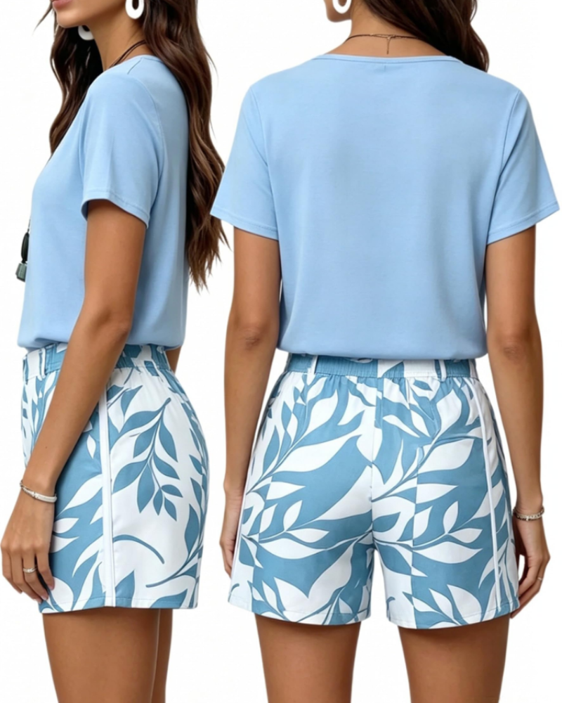 Fayrina Ensemble Femme 2 Pièces – Haut Col Rond & Short Imprimé Feuilles