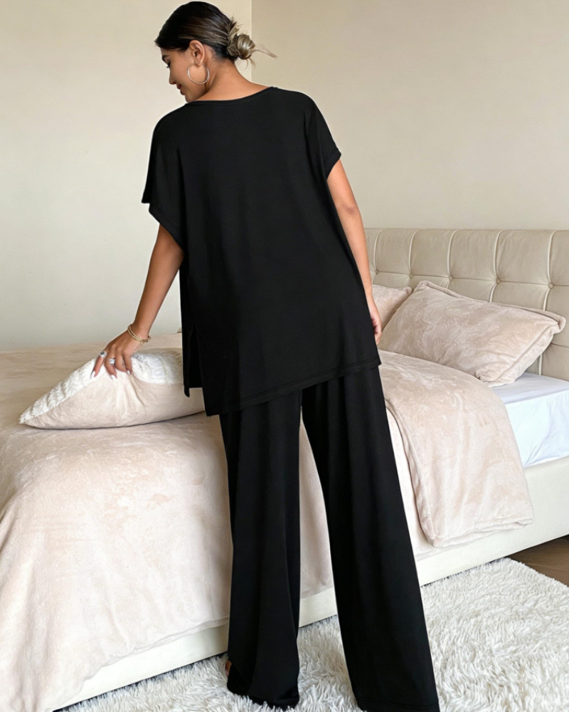 Gail Ensemble Détente Femme 2 Pièces – Haut Col V & Pantalon Large