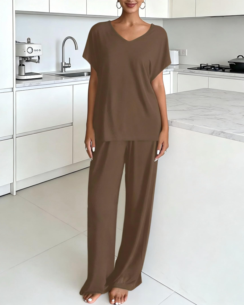 Gail Ensemble Détente Femme 2 Pièces – Haut Col V & Pantalon Large