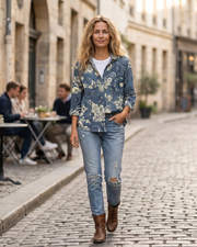 Amelia Blouse Femme Lin – Col V Fleuri Manches Longues Boutonnée