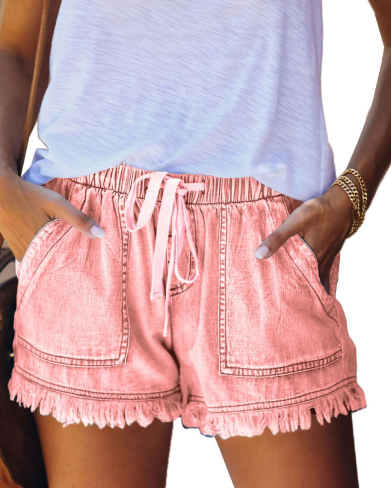 Scarlett Women's Short in Denim – High-Waisted Stretch Shorts with Drawstring & Frayed Hem