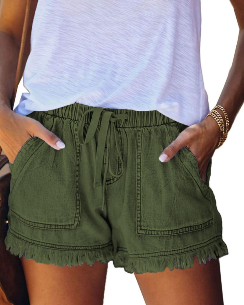 Scarlett Women's Short in Denim – High-Waisted Stretch Shorts with Drawstring & Frayed Hem
