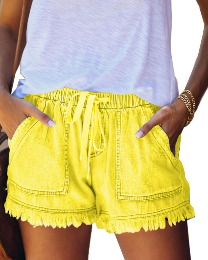 Scarlett Women's Short in Denim – High-Waisted Stretch Shorts with Drawstring & Frayed Hem