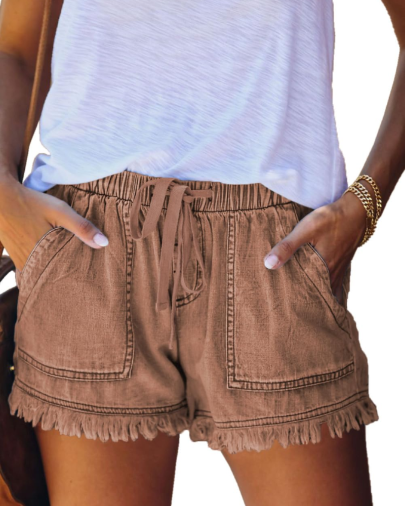 Scarlett Women's Short in Denim – High-Waisted Stretch Shorts with Drawstring & Frayed Hem