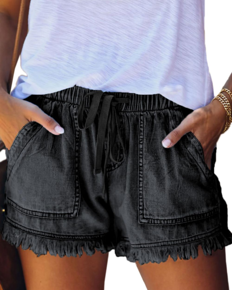 Scarlett Women's Short in Denim – High-Waisted Stretch Shorts with Drawstring & Frayed Hem