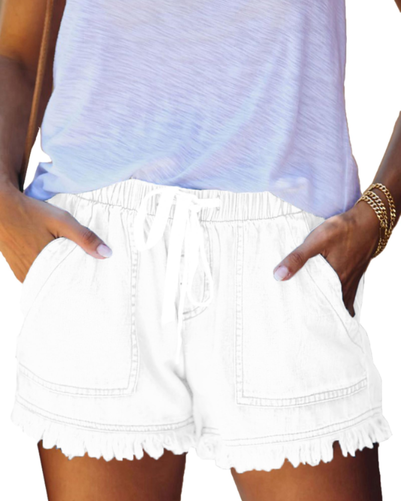 Scarlett Women's Short in Denim – High-Waisted Stretch Shorts with Drawstring & Frayed Hem