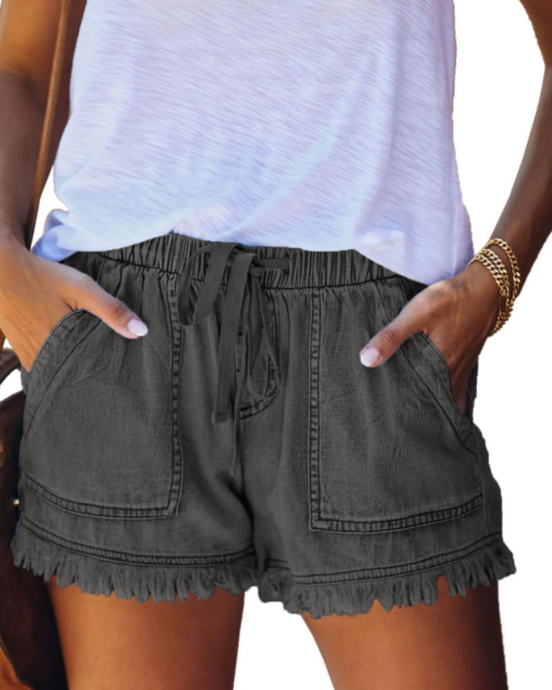 Scarlett Women's Short in Denim – High-Waisted Stretch Shorts with Drawstring & Frayed Hem
