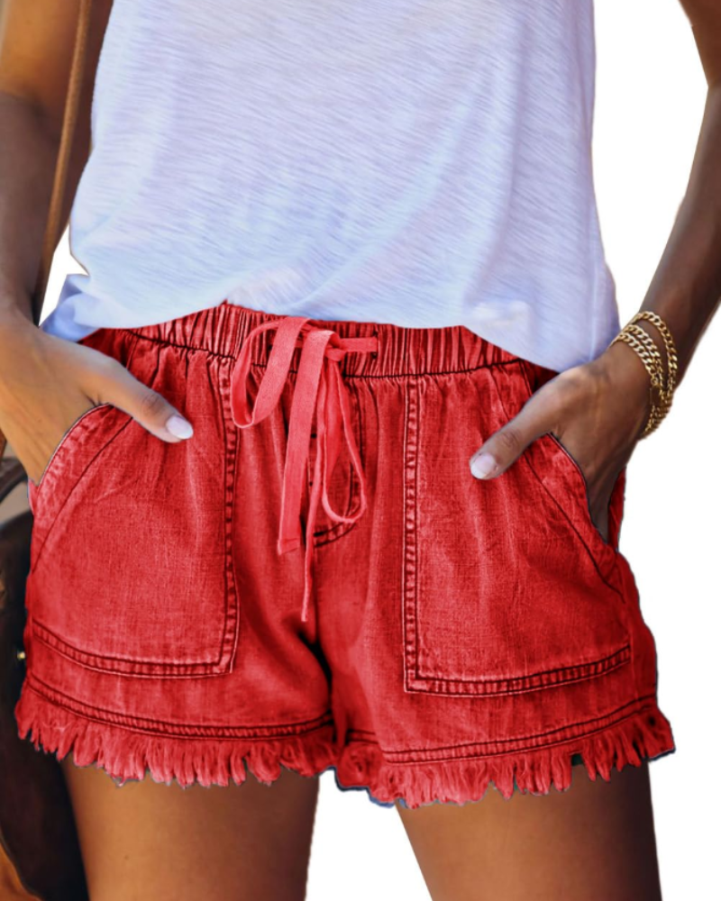 Scarlett Women's Short in Denim – High-Waisted Stretch Shorts with Drawstring & Frayed Hem