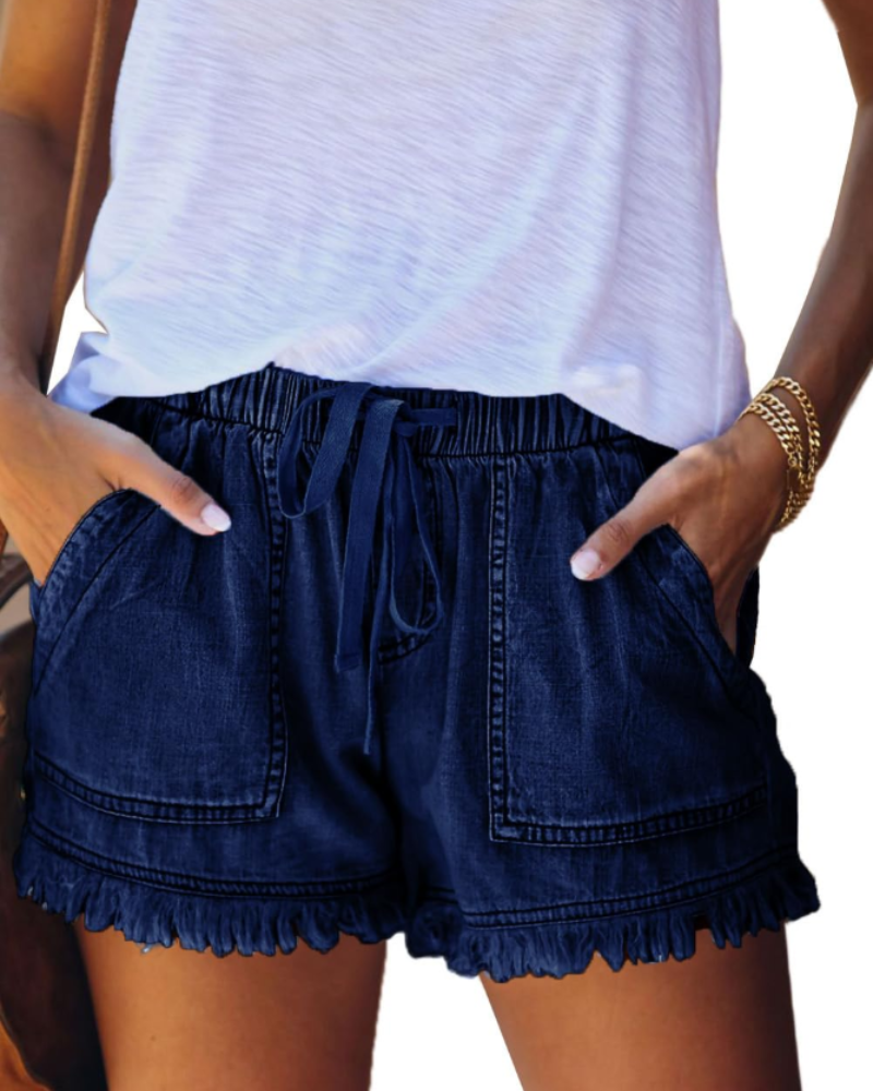 Scarlett Women's Short in Denim – High-Waisted Stretch Shorts with Drawstring & Frayed Hem