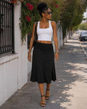 Nerissa Damen-Midirock – Elastischer, geraffter Bund, ausgestellter Schnitt & weicher Stoff