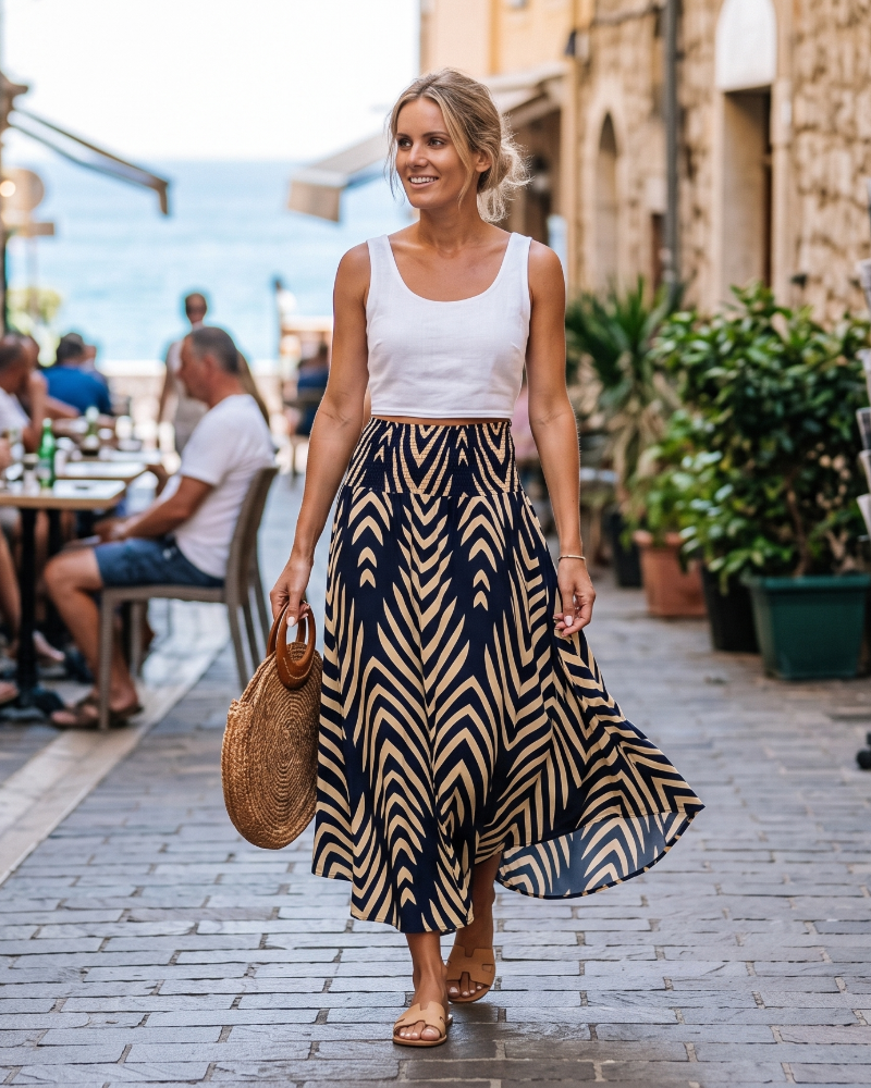 Briar Jupe Maxi Dame – Lang Boheme Nederdel i Viskose med Smocket Talje