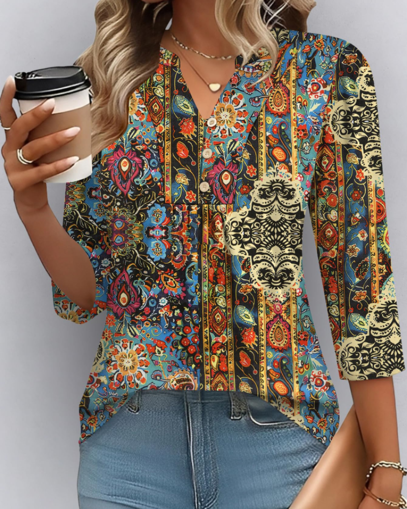 Hailey Chemisier Bohème Mulher – Blusa com Decote em V Plissada e Mangas 3/4