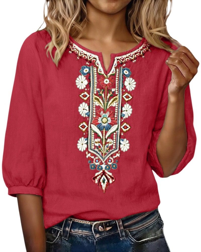 Blusa Sarah para mujer verano – lino algodón bordado floral cuello en V