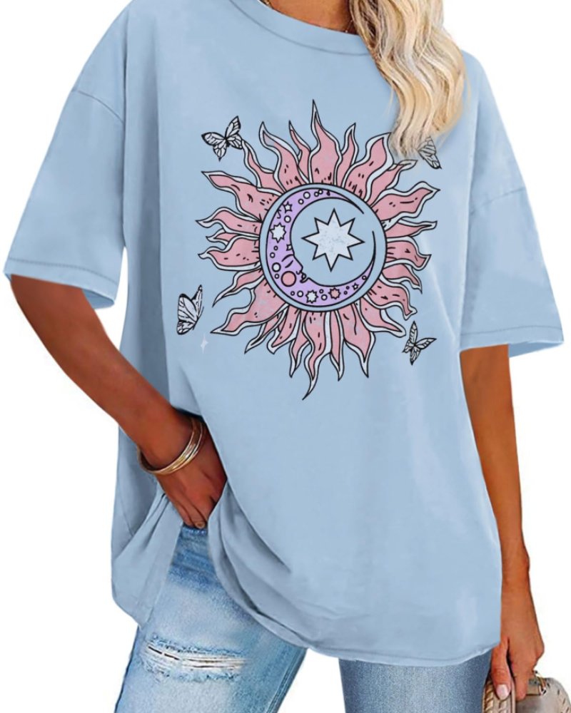 Mia T-shirt Dames Oversized Met Print – Casual Top Met Ronde Hals En Korte Mouwen