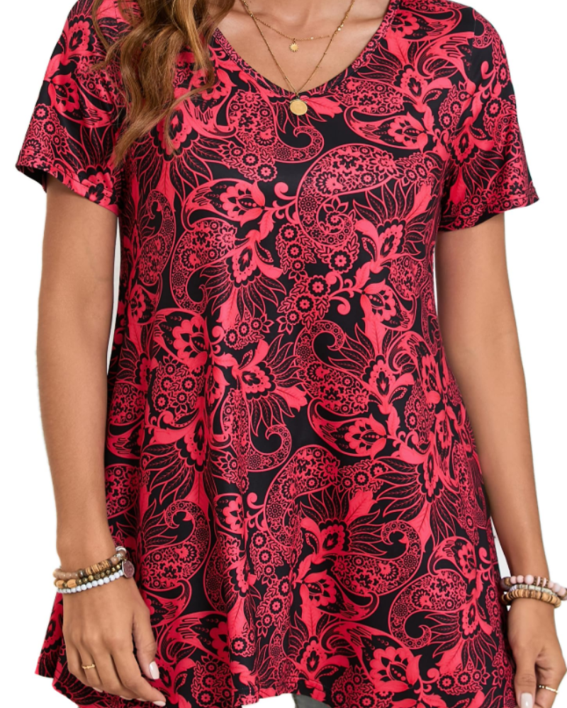 Tunica Donna Estiva Ivy – Scollo a V Stampa Paisley Orlo Fluido