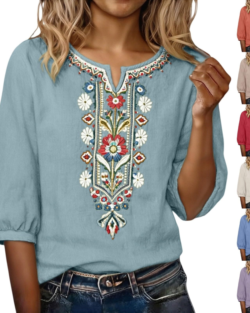 Blusa Sarah para mujer verano – lino algodón bordado floral cuello en V