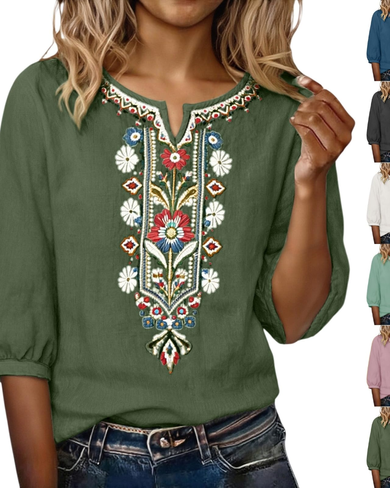 Blusa Sarah para mujer verano – lino algodón bordado floral cuello en V