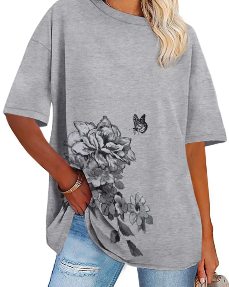 Mia T-shirt Dames Oversized Met Print – Casual Top Met Ronde Hals En Korte Mouwen