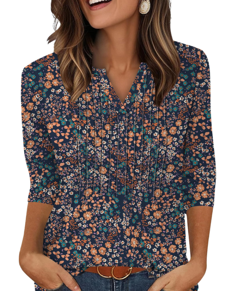 Camisa para mujer Camille con cuello en V – Blusa plisada con mangas 3/4 elegante