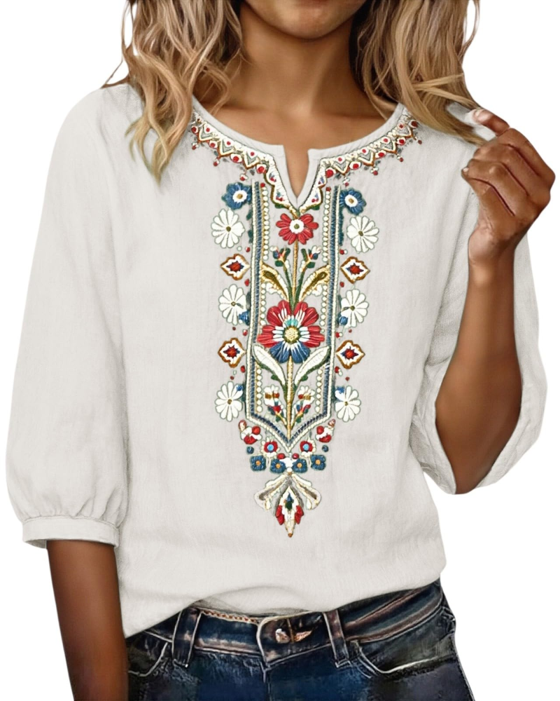 Blusa Sarah para mujer verano – lino algodón bordado floral cuello en V