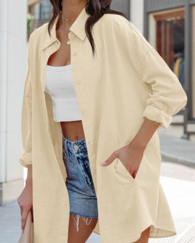Ella Blouse for Women – Oversized Button-Down Long Sleeves & Pockets