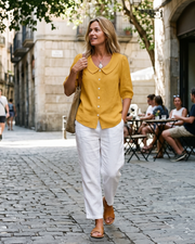 Camisa Belladonna para Mulher Efeito Linho – Blusa com Gola Claudine e Mangas Bufantes