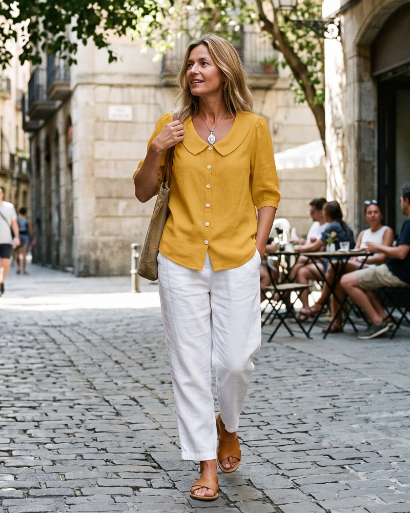 Camisa Belladonna para Mulher Efeito Linho – Blusa com Gola Claudine e Mangas Bufantes