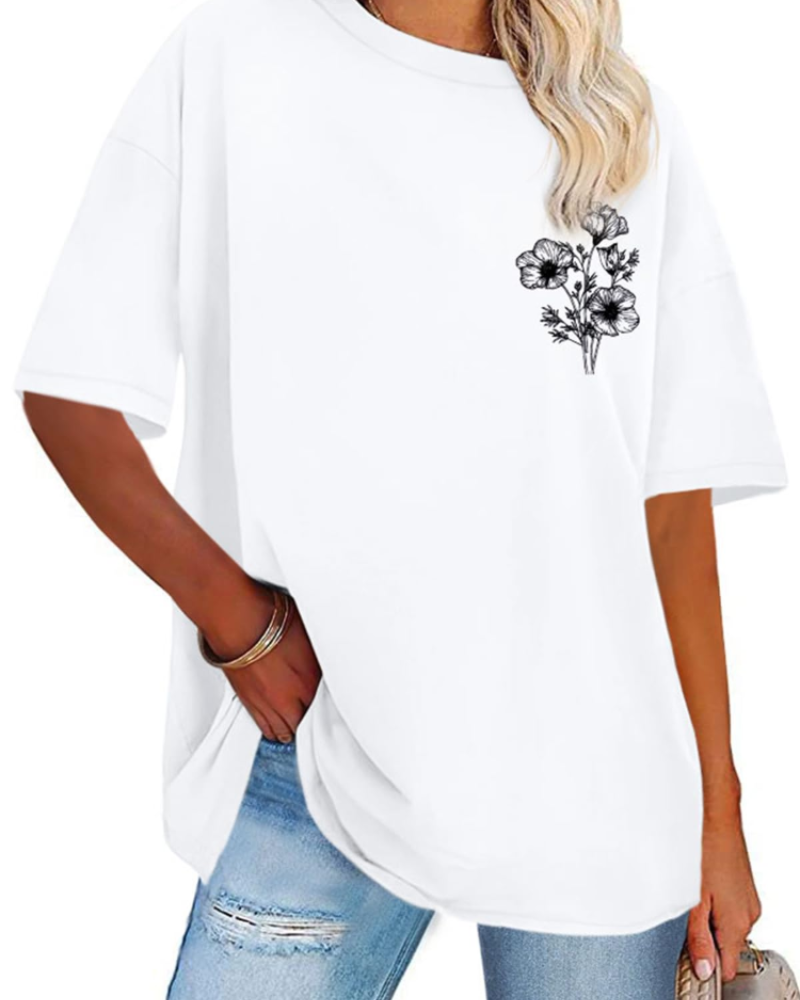 Mia T-shirt Dames Oversized Met Print – Casual Top Met Ronde Hals En Korte Mouwen