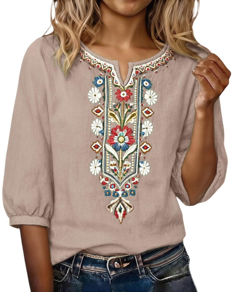 Blusa Sarah para mujer verano – lino algodón bordado floral cuello en V