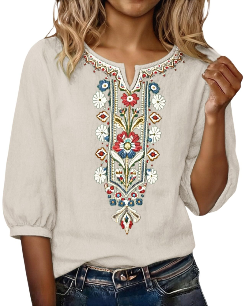 Blusa Sarah para mujer verano – lino algodón bordado floral cuello en V