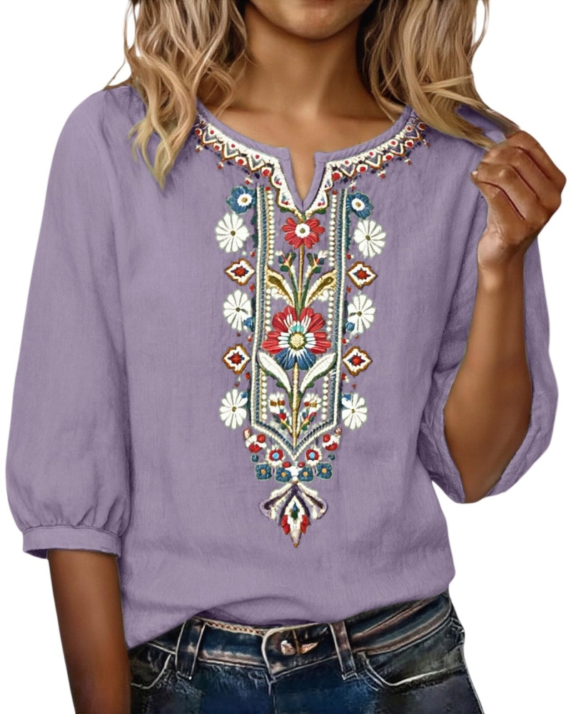 Blusa Sarah para mujer verano – lino algodón bordado floral cuello en V