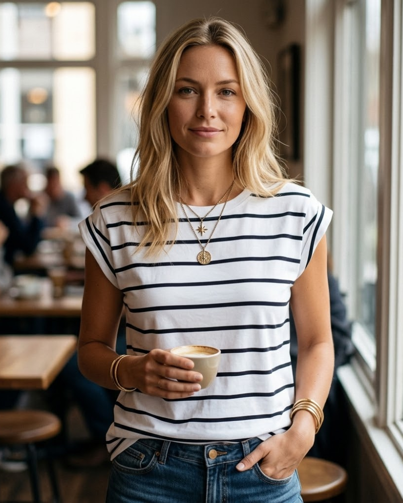Emmary T-shirt til kvinder med striber – Let top med korte ærmer, rund hals, løs pasform, sommer