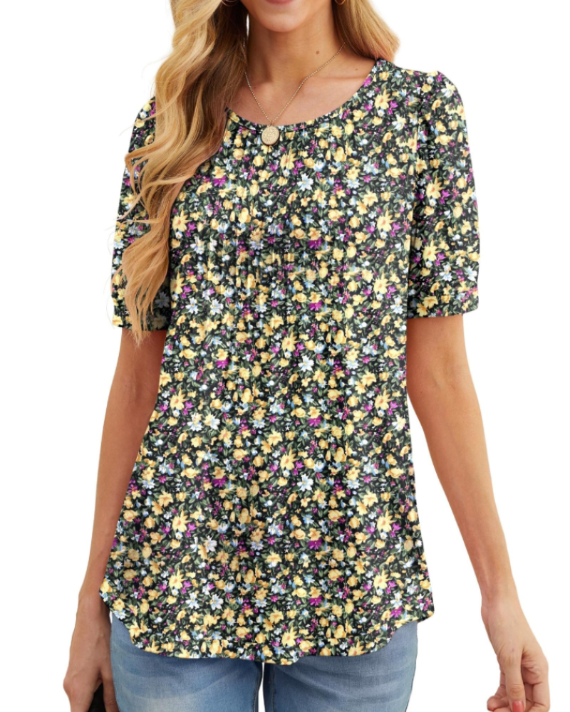 Lena T-shirt til kvinder sommer – Blomstret rund hals med plisserede korte ærmer