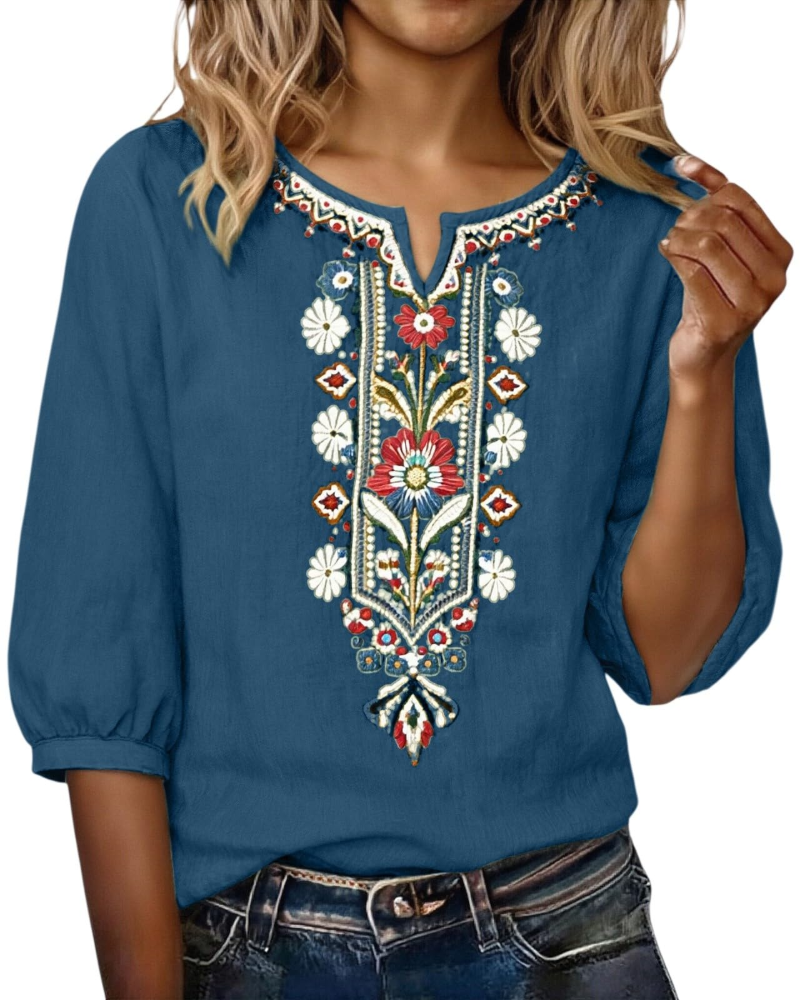 Blusa Sarah para mujer verano – lino algodón bordado floral cuello en V