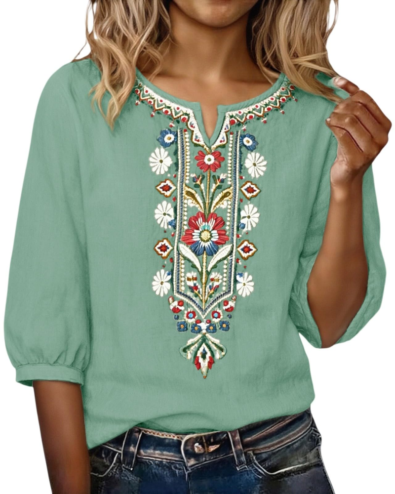 Blusa Sarah para mujer verano – lino algodón bordado floral cuello en V