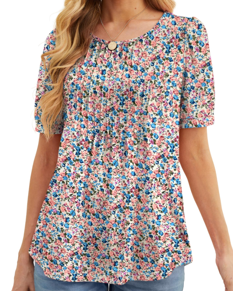 Lena T-shirt til kvinder sommer – Blomstret rund hals med plisserede korte ærmer
