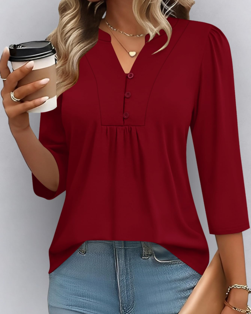Hailey Chemisier Bohème Mulher – Blusa com Decote em V Plissada e Mangas 3/4