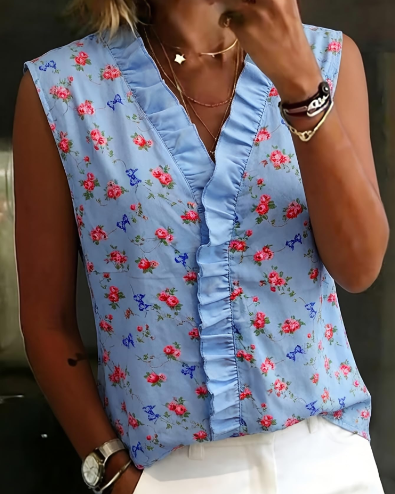 Farren Damenbluse mit Blumenmuster – V-Ausschnitt Bluse mit Volants und schulterfreiem Design