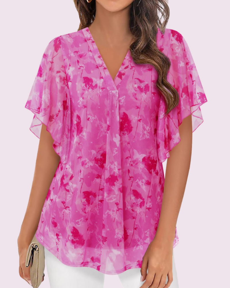 Fallyn Blusa de Mujer de Punto – Blusa con Cuello en V de Doble Capa y Mangas con Volantes