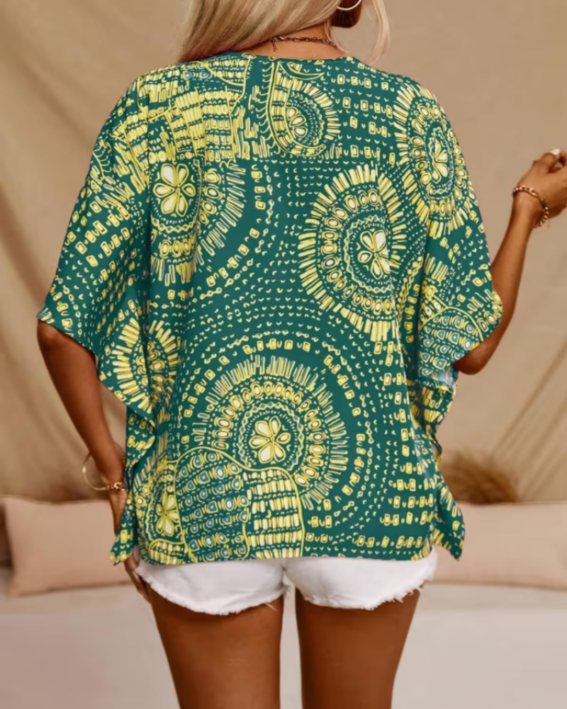 Benicia Oversized Women's Tunic – Bohemian V-Neck Blouse with Ethnic Print
